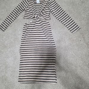 Knot-Front Long Sleeve Striped Midi Dress in Beige and Black